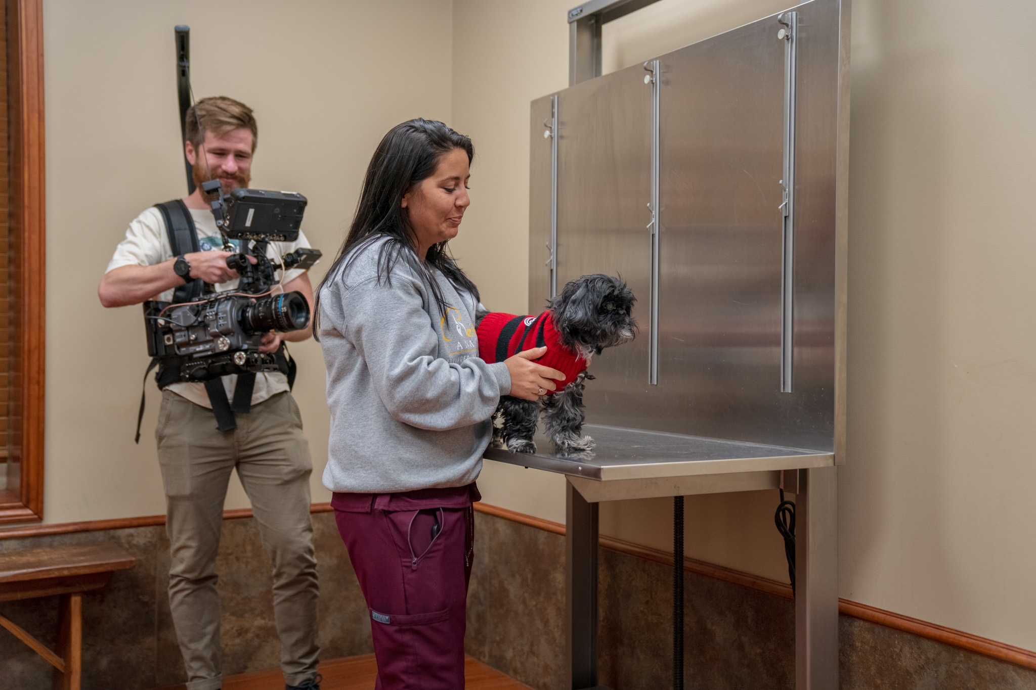 Filming a Bellevue Animal Clinic team member with a patient during the video shoot